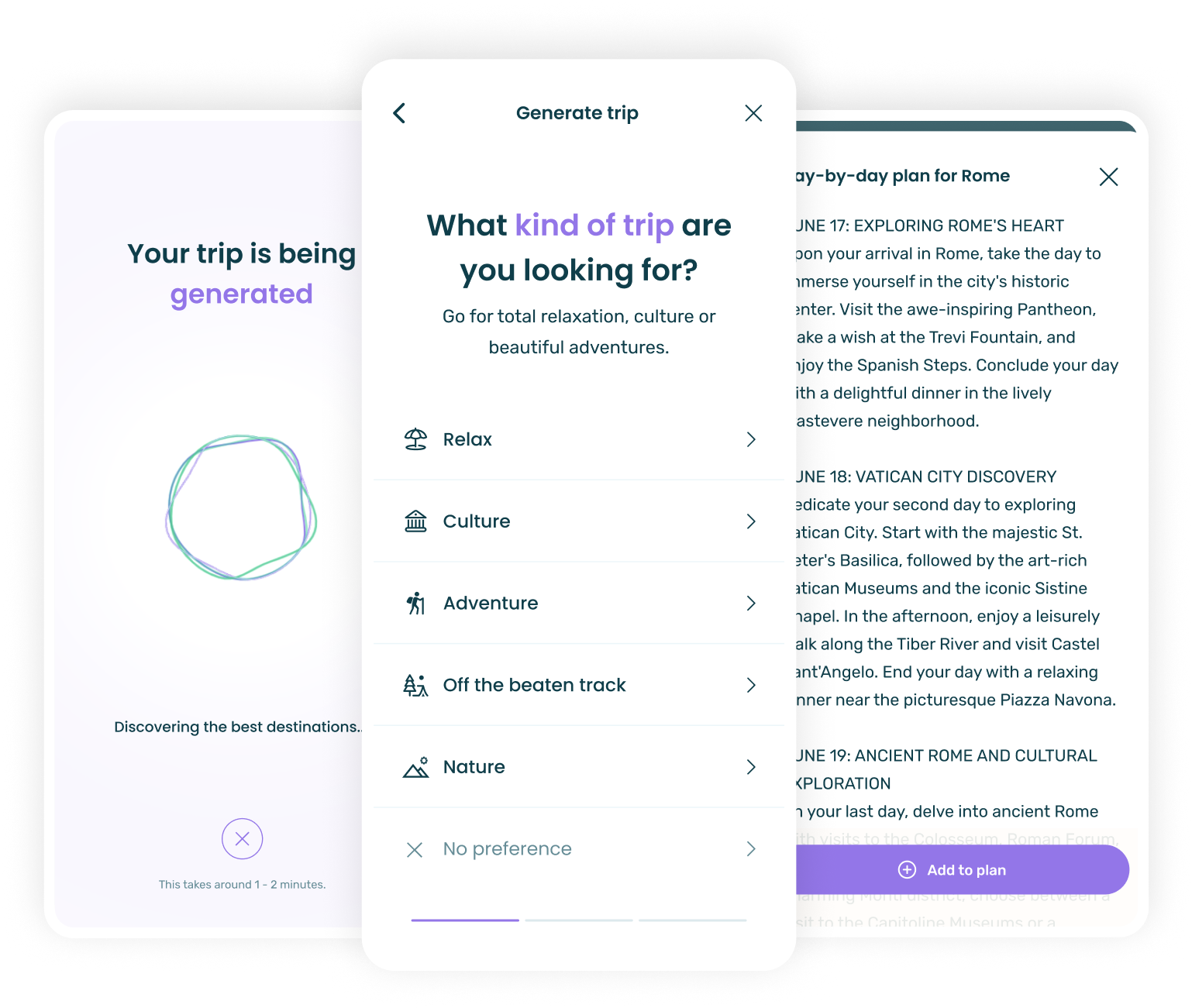 AI travel planner generating a day-by-day trip itinerary