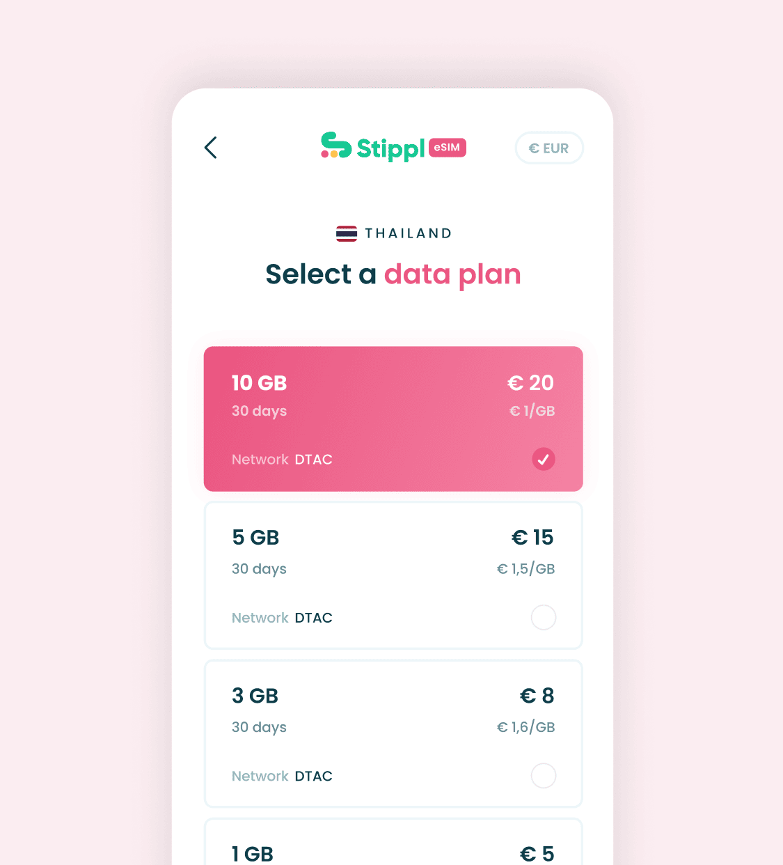Stippl travel eSIM showing available data plans and usage overview