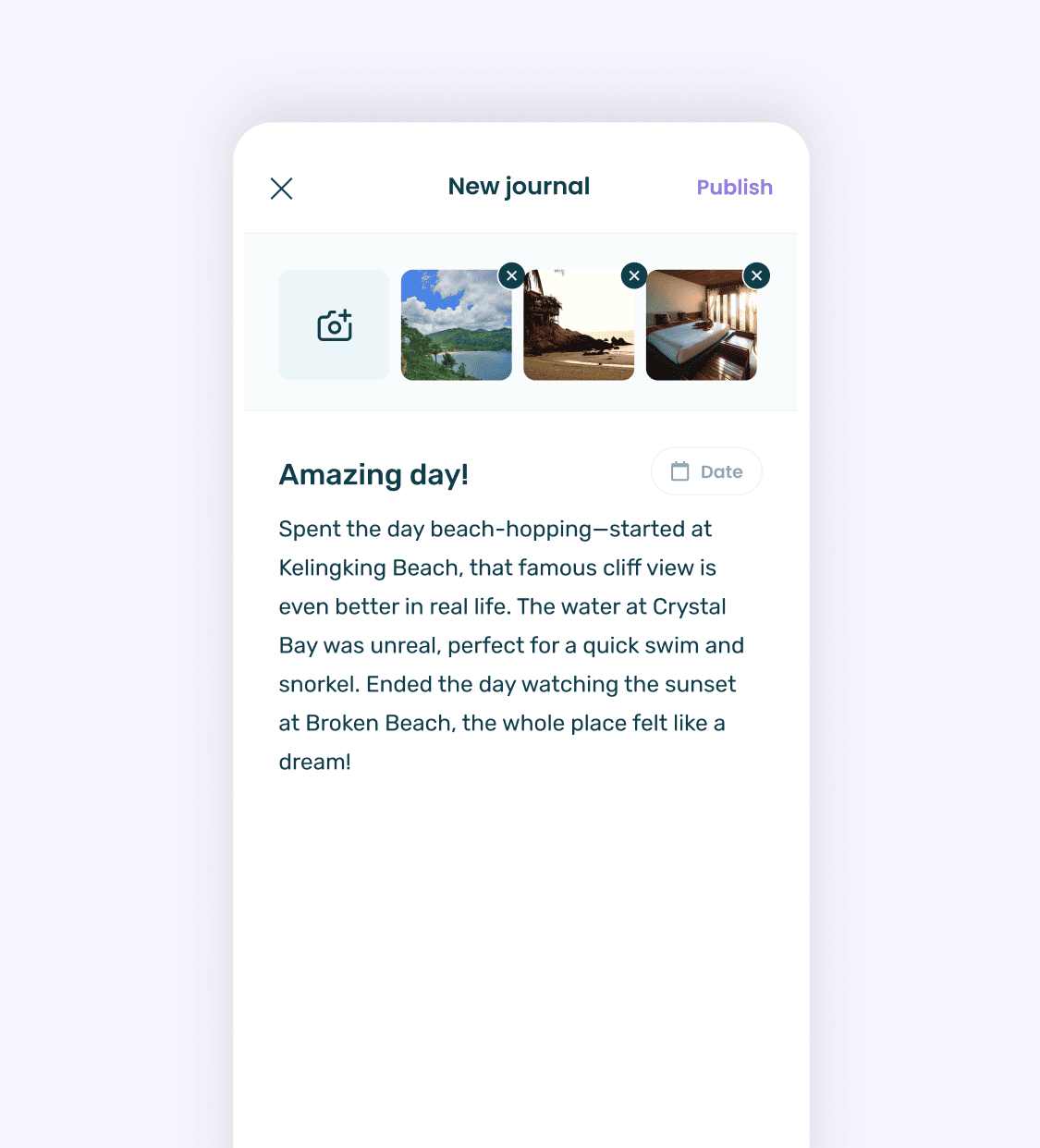 Stippl travel journal showing written entries and photos for a trip destination