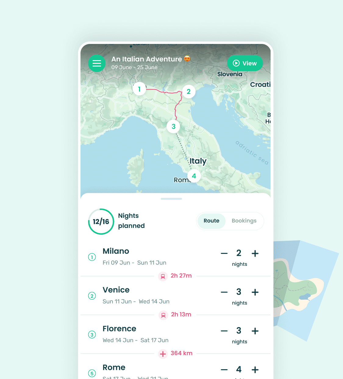 Stippl itinerary planner showing a multi-destination trip timeline