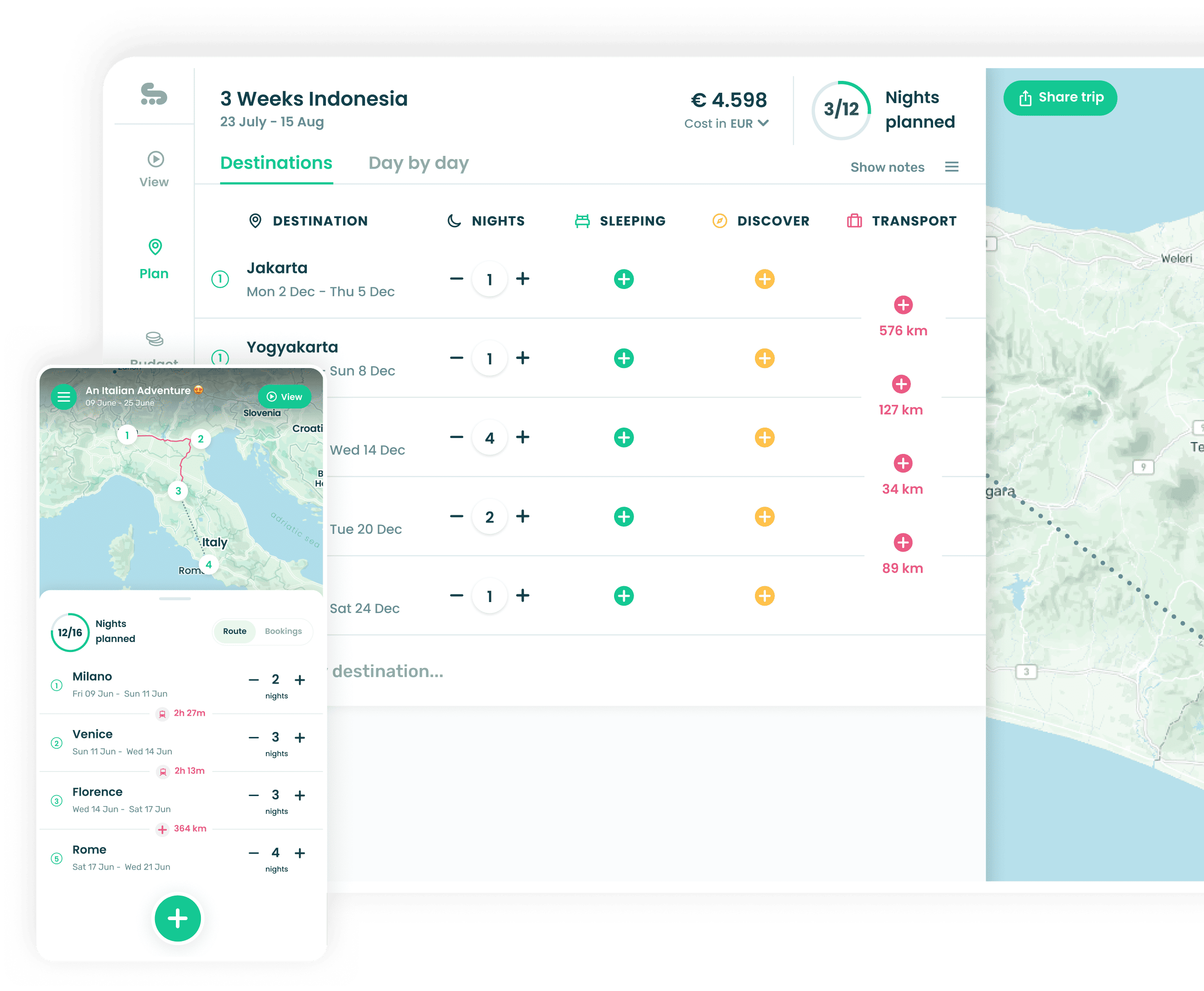 Stippl itinerary planner showing a multi-destination trip timeline